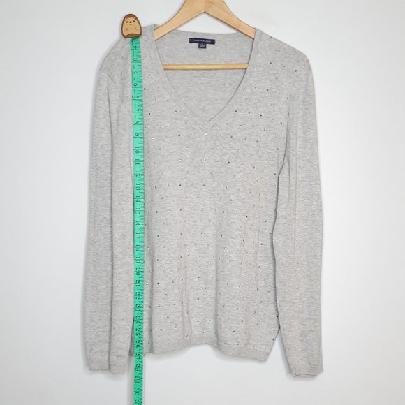 TOMMY HILFIGER Grey Cotton V-neck Sweater w Rose Gold Studs size XL - Picture 9 of 12